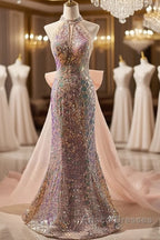 Gold Halter Beading Sequin Mermaid Formal Prom Dress With Detachable Bow