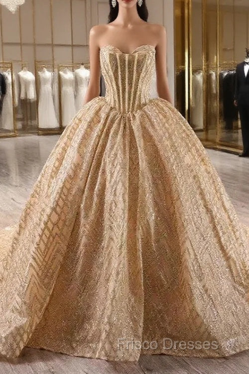 Gold Hot Stamping Sequins Strapless Beading Formal Prom Dress Main image