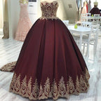 Gold Lace Edge Sweetheart Wine Red Ball Gowns