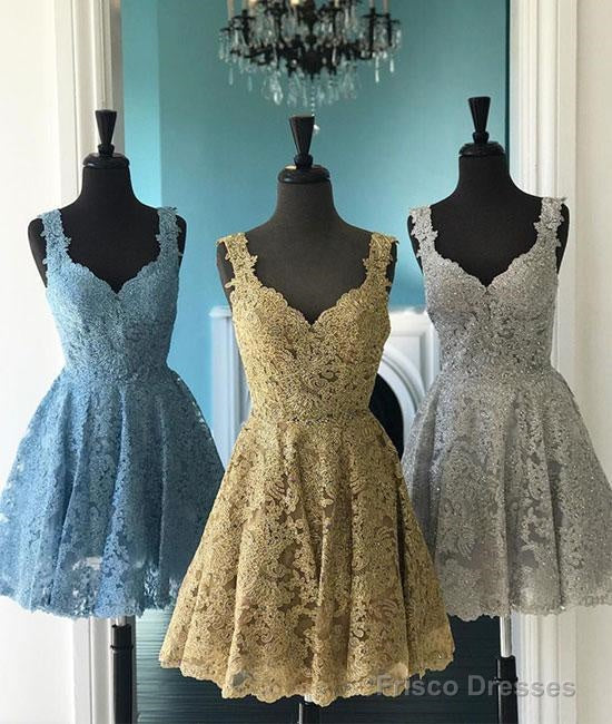 Gold Lace V Neck Knee Length Prom Homecoming Dress Main image
