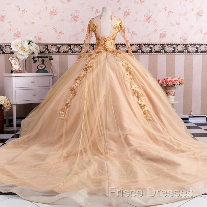 Gold Long Sleeves Wedding Dress Ball Gowns Lace Embroidery Secondary image