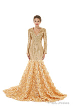 Mermaid Long Sequined Bling Full Sleeves Floral Skirt Prom Dresses