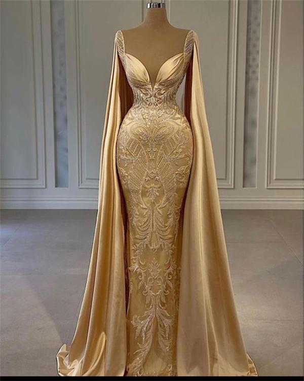 Gold Mermaid Prom Dresses With Wrap Beaded Lace Appliqued Evening Dress Party Second Reception Gowns Plus Size
