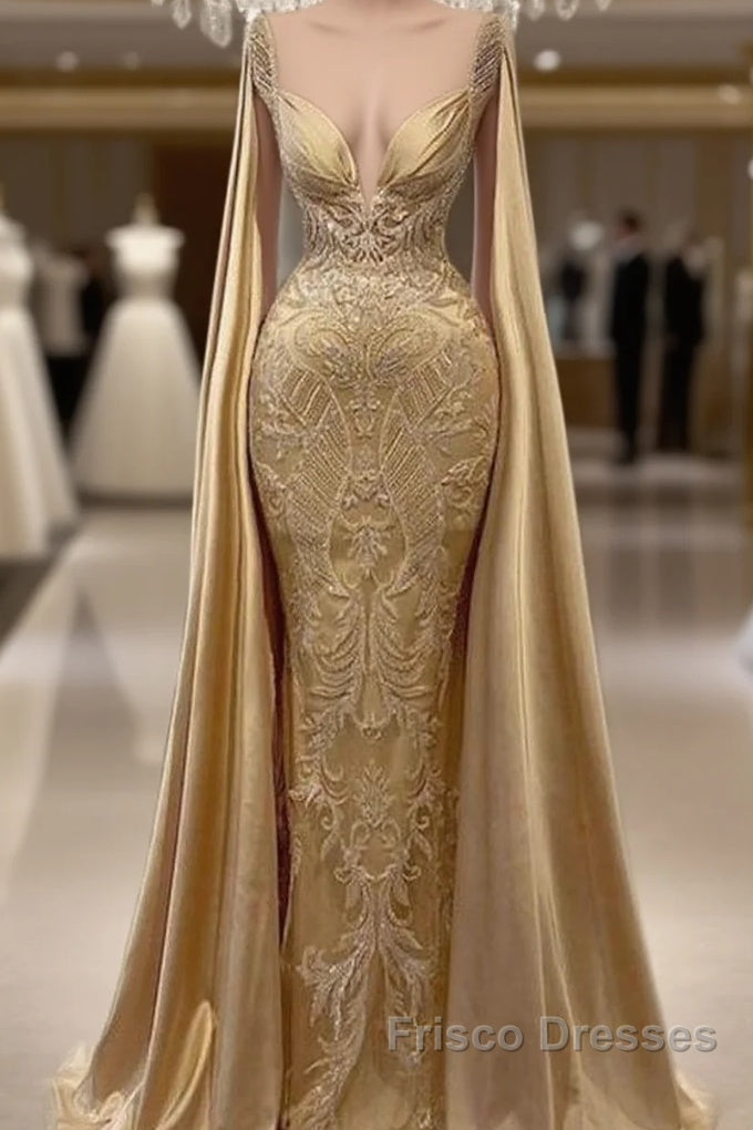 Gold Mermaid Formal Prom Dress With Wrap Beaded Lace Appliqued Evening Dress Party Second Reception Gowns Plus Size