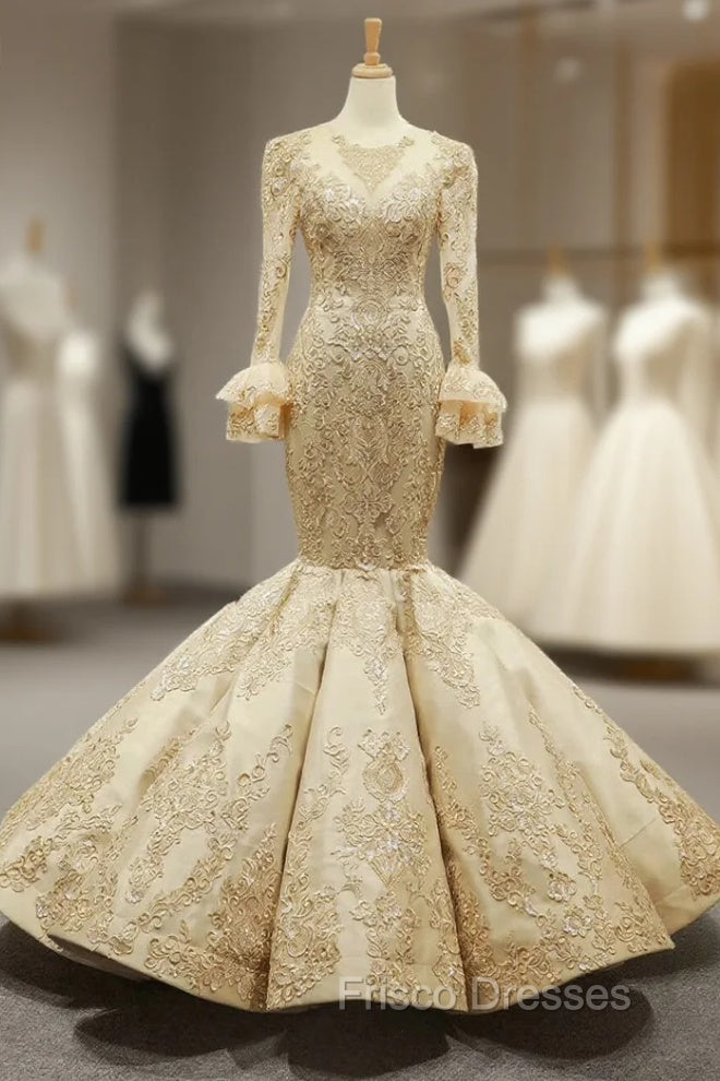 Gold Mermaid Satin Lace Appliques Long Sleeve Luxury Formal Prom Dress