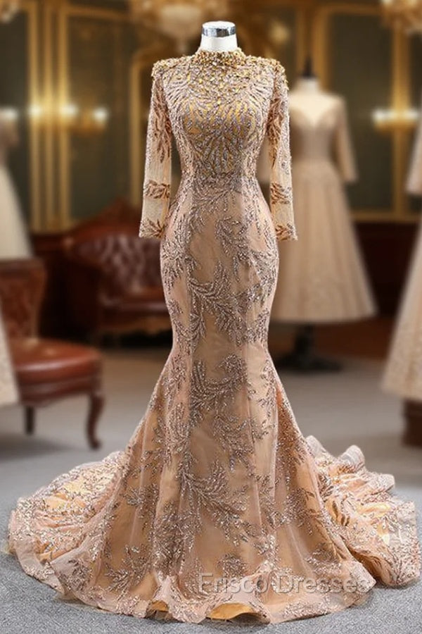 Gold Mermaid Sequins High Neck Pearls Formal Prom Dress Main image