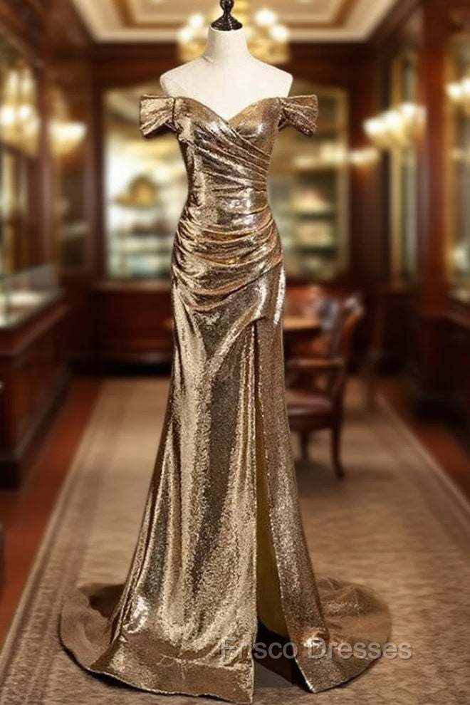 Gold Mermaid Sequins Off the Shoulder Pleats Formal Prom Dress