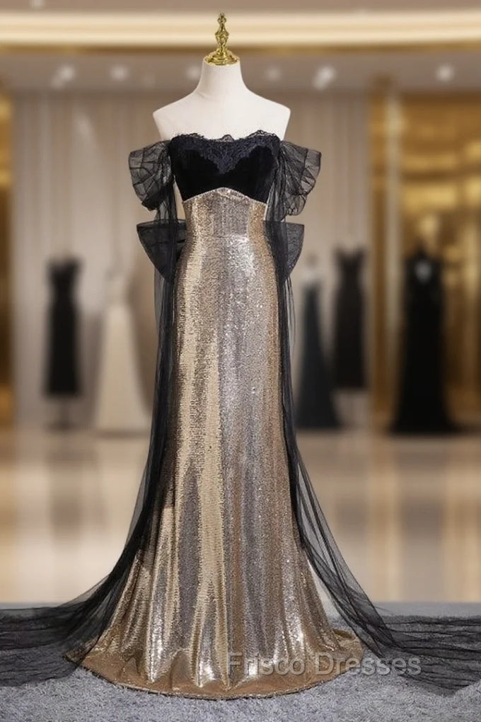 Gold Mermaid Sequins Off the Shoulder Formal Prom Dress With Bow