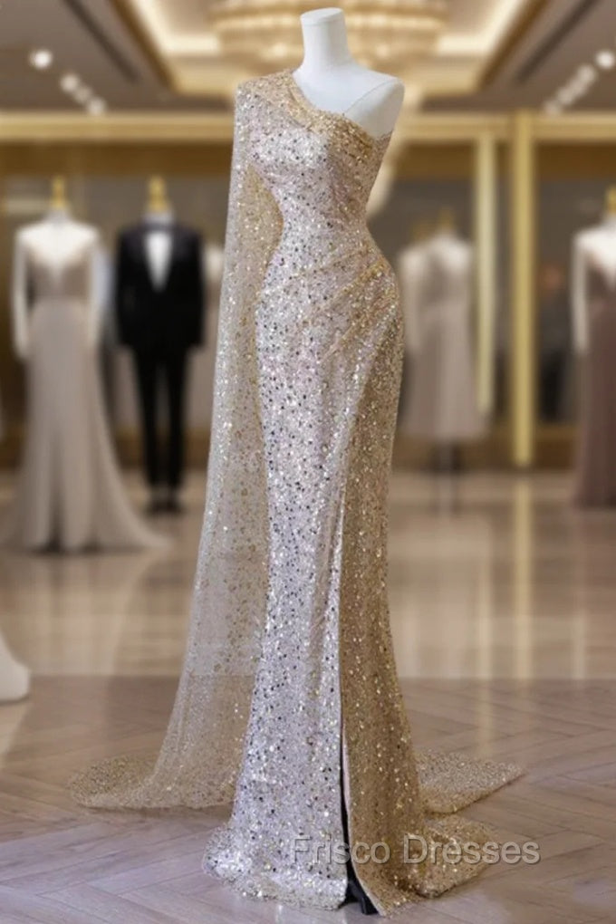 Gold Mermaid Sequins One Shoulder Formal Prom Dress Main image