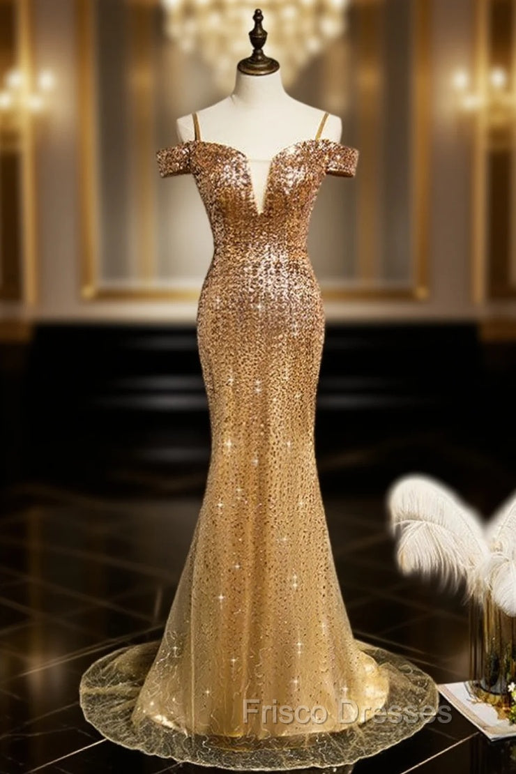 Gold Mermaid Sequins Spaghetti Straps Formal Prom Dress Main image
