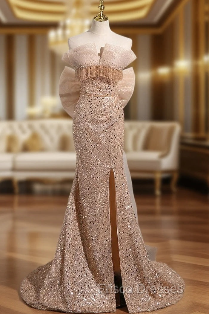 Gold Mermaid Sequins Strapless Beading Formal Prom Dress