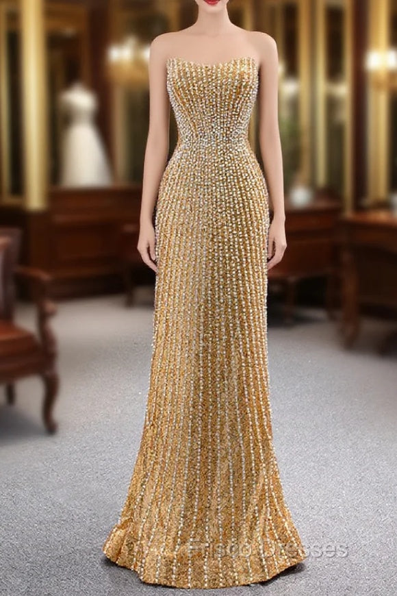 Gold Mermaid Sequins Strapless Pearls Formal Prom Dress Main image