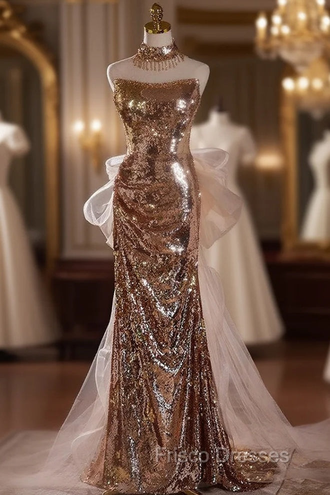 Gold Mermaid Sequins Strapless Pleats Formal Prom Dress