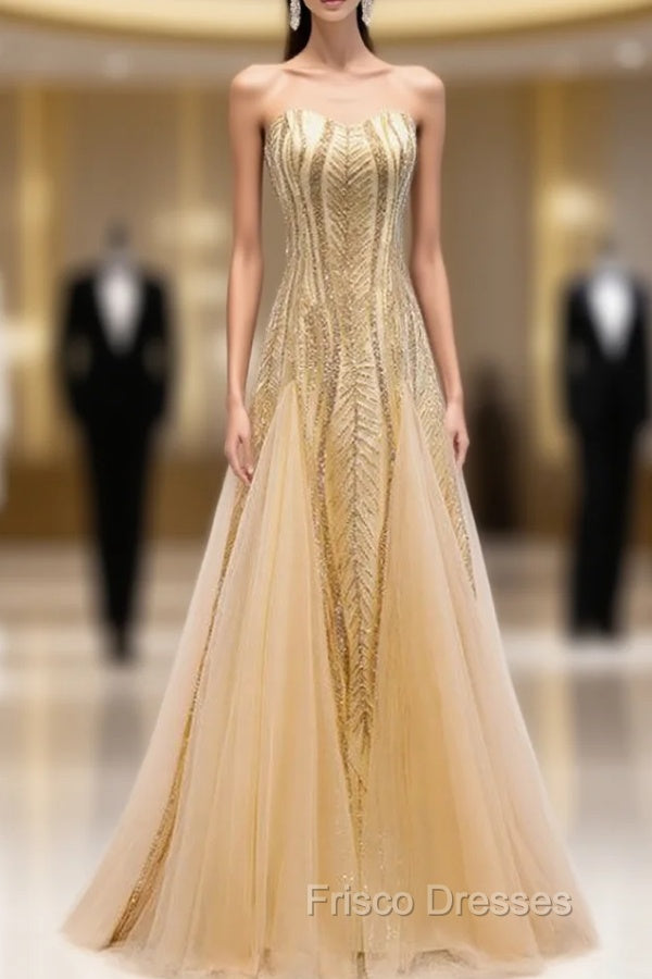 Gold Mermaid Sequins Tulle Sleeveless Formal Prom Dress Main image