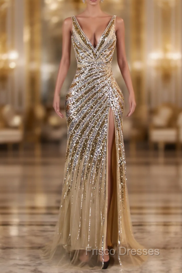 Gold Mermaid Sequins V-neck Split Formal Prom Dress