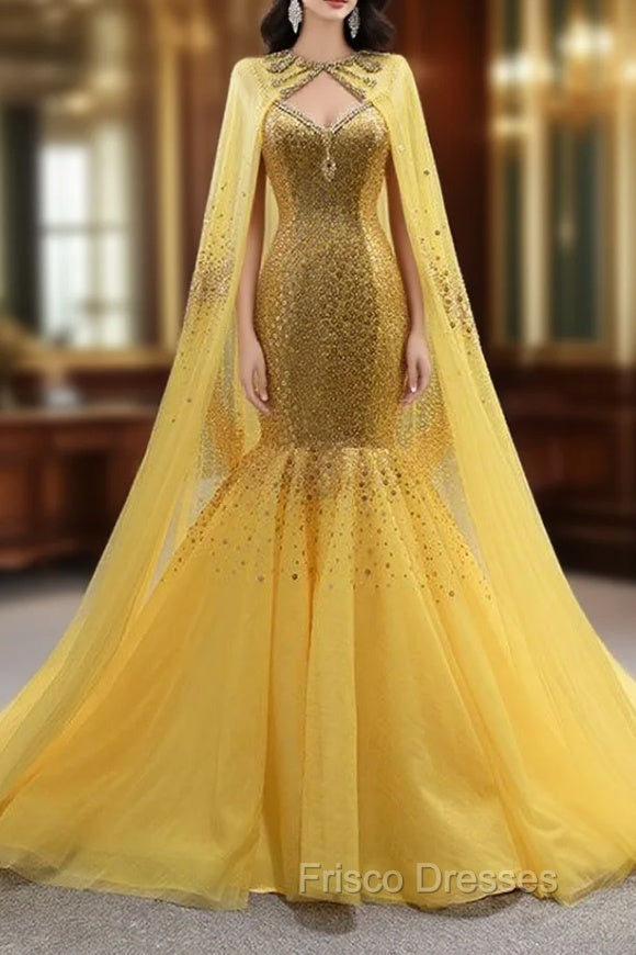 Gold Mermaid Tulle Sequins Crystal Spaghetti Straps Formal Prom Dress With Shawl Main image