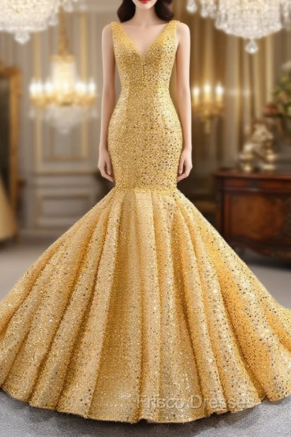 Gold Mermaid V-neck Sequins Pearls Formal Prom Dress