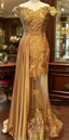 Gold Muslim Evening Dress Mermaid Off The Shoulder Lace Beaded Islamic Dubai Saudi Arabic Long Formal Evening Gown Formal Prom