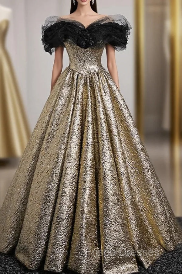 Gold Off the Shoulder Black Flower Formal Prom Dress Main image
