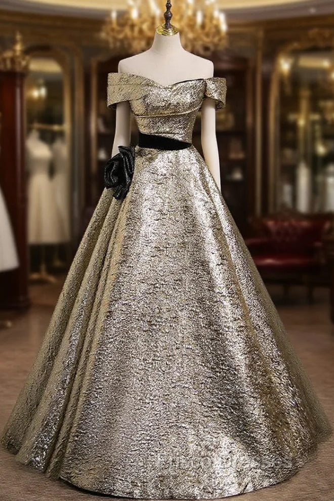 Gold Off the Shoulder Flower Formal Prom Dress Main image