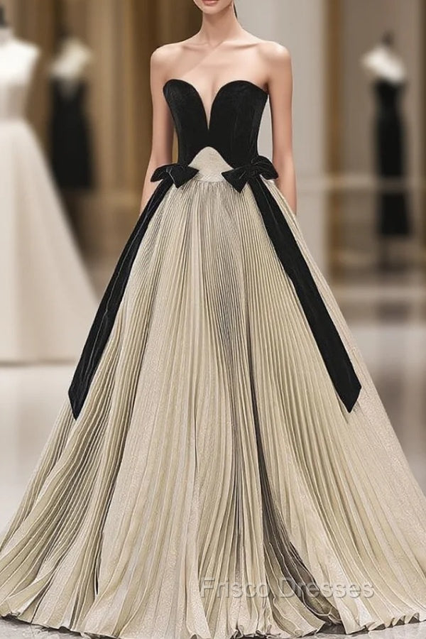 Gold Pleats Strapless Black Velvet Formal Prom Dress