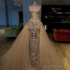 Gold Prom Dresses, Detachable Prom Dress, Sequins Prom Dress, Sheath Evening Dresses