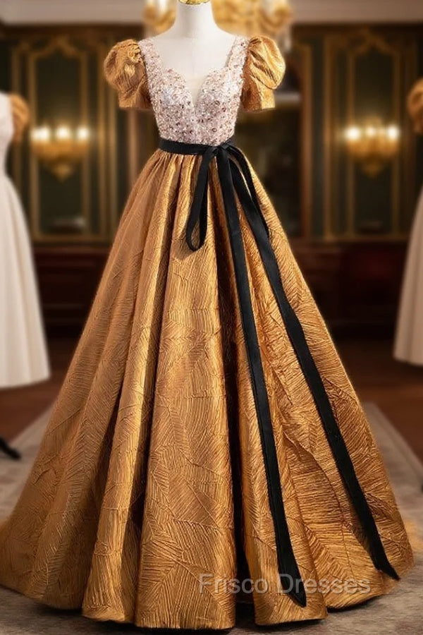 Gold Puff Sleeve Square Sequins Formal Prom Dress Main image