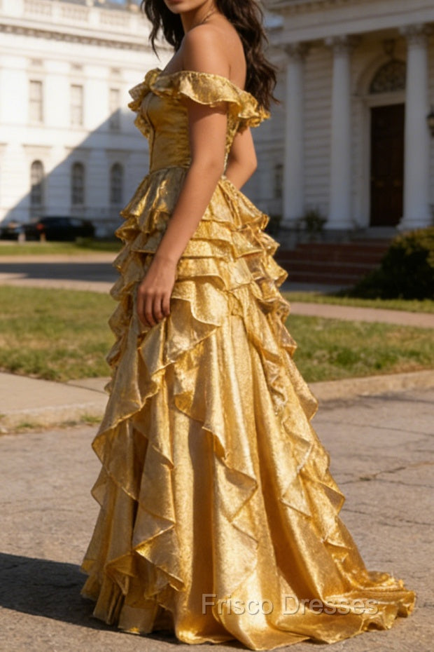 Gold Ruffled A-Line Square Neck Long Prom Dress Secondary image