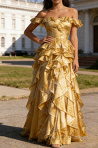 Gold Ruffled A-Line Square Neck Long Prom Dress