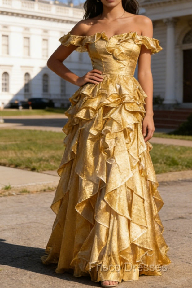 Gold Ruffled A-Line Square Neck Long Prom Dress