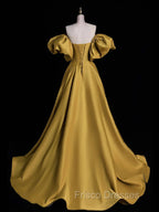Gold Satin A-line Lace-up Long Party Dress with Sleeves, Gold Satin Formal Prom Dress