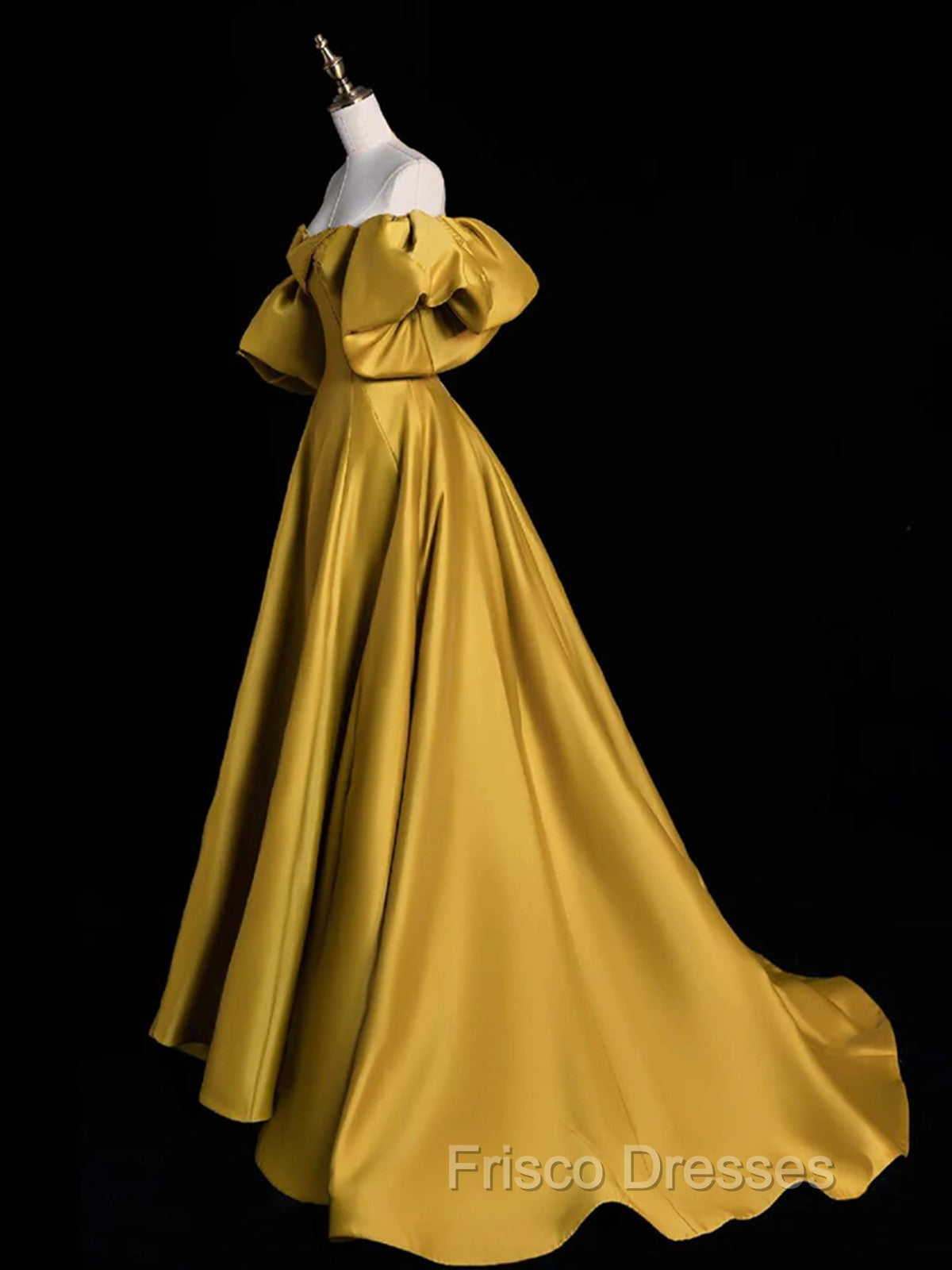 Gold Satin A-line Lace-up Long Party Dress with Sleeves, Gold Satin Formal Prom Dress