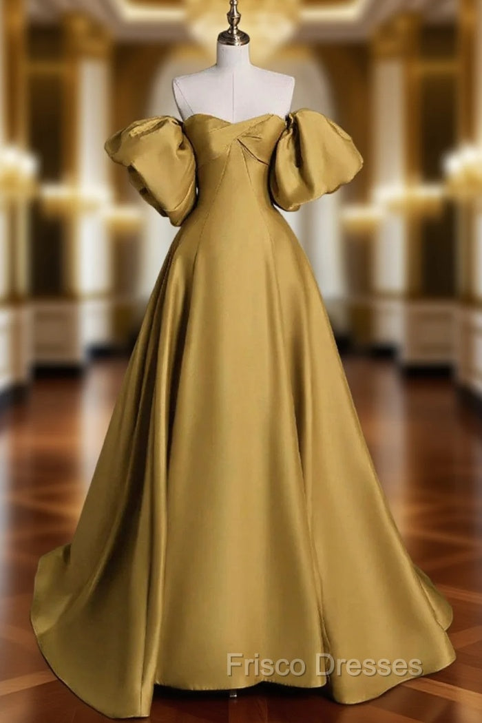 Gold Satin A-line Lace-up Long Party Dress with Sleeves, Gold Satin Formal Prom Dress Main image