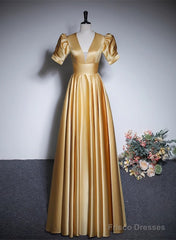 Gold Satin A-Line Short Sleeves Floor Length Party Dress, Gold Simple Formal Dress