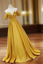 Gold Satin A-line Sweetheart Long Junior Formal Prom Dress, Floor Length Satin Evening Dress