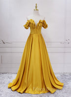 Gold Satin A-line Sweetheart Long Junior Formal Prom Dress, Floor Length Satin Evening Dress