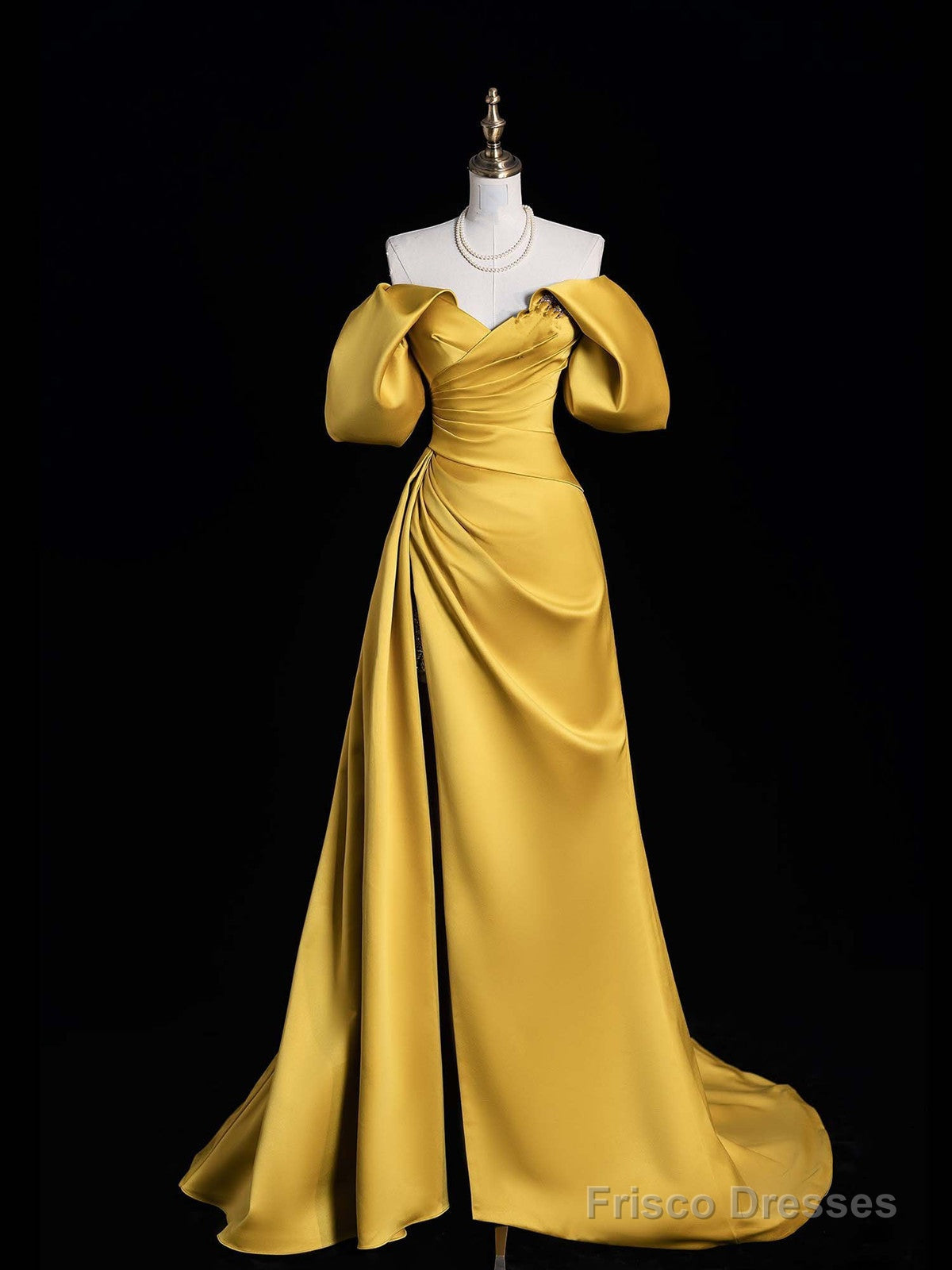 Gold Satin Off Shoulder A-Line Party Dress Prom Dress, Gold Satin Party Dress Main image
