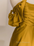 Gold Satin Off Shoulder Long Evening Dress, Gold Satin Formal Prom Dress
