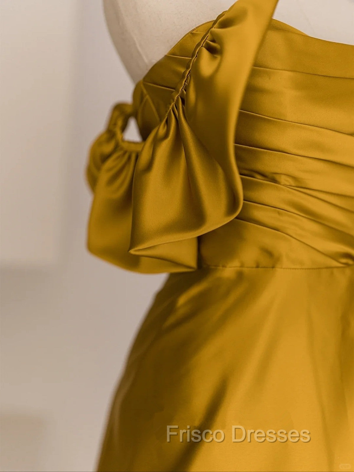 Gold Satin Off Shoulder Long Evening Dress, Gold Satin Formal Prom Dress