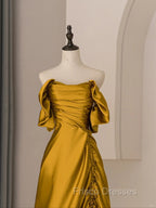 Gold Satin Off Shoulder Long Evening Dress, Gold Satin Formal Prom Dress