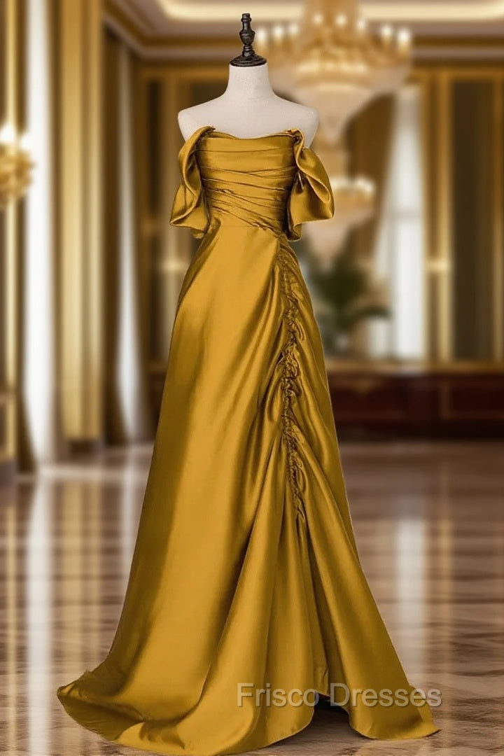 Gold Satin Off Shoulder Long Evening Dress, Gold Satin Formal Prom Dress