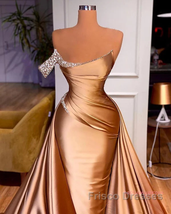 Gold Satin One Shoulder Overskirt Formal Prom Dress Secondary image