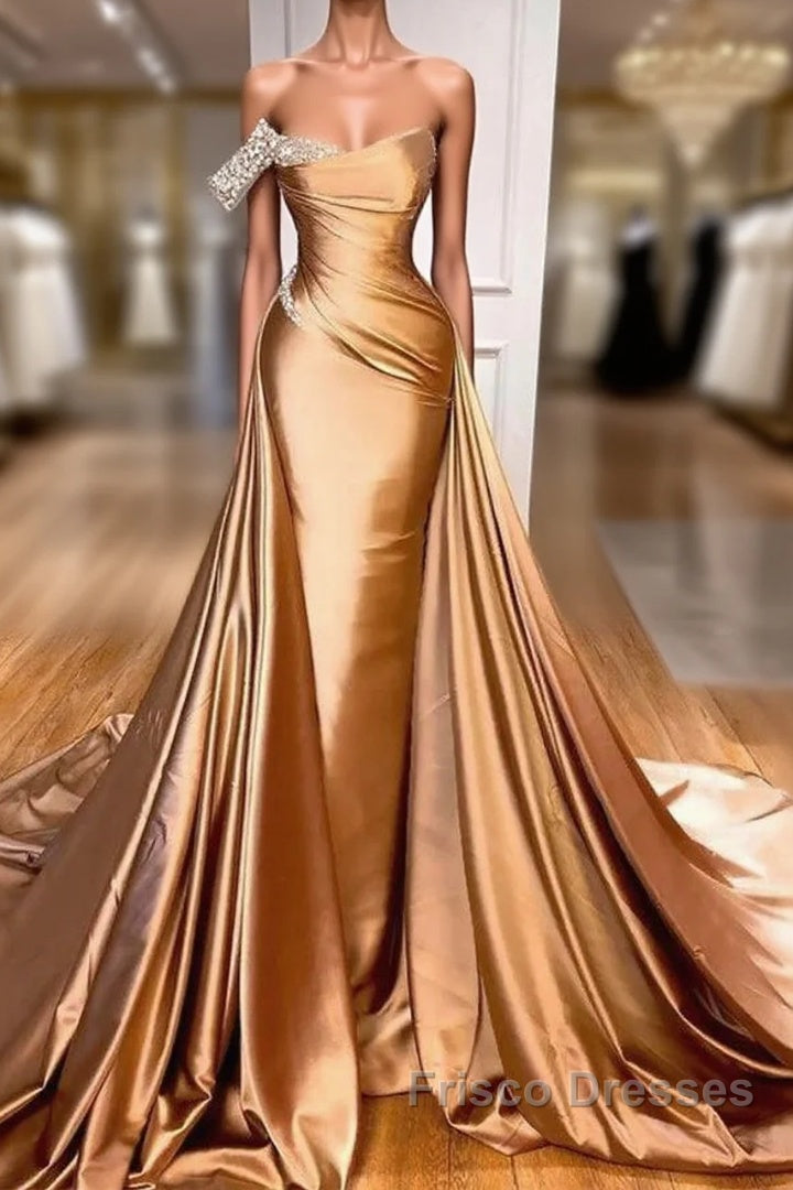 Gold Satin One Shoulder Overskirt Formal Prom Dress Main image