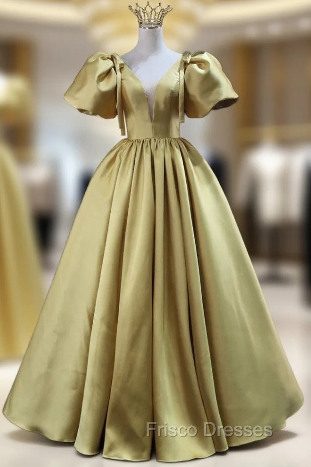 Gold Satin Puff Sleeve V-neck Formal Prom Dress Main image