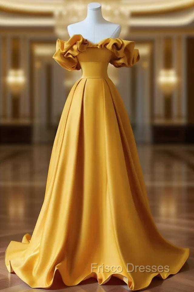 Gold Satin Sweetheart Off Shoulder A-line Formal Prom Dress, Satin Evening Dress Main image