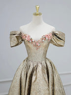 Gold Satin V-Neck Long Formal Prom Dress With Flowers, Off The Shoulder A-Line Formal Dress