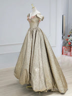 Gold Satin V-Neck Long Formal Prom Dress With Flowers, Off The Shoulder A-Line Formal Dress