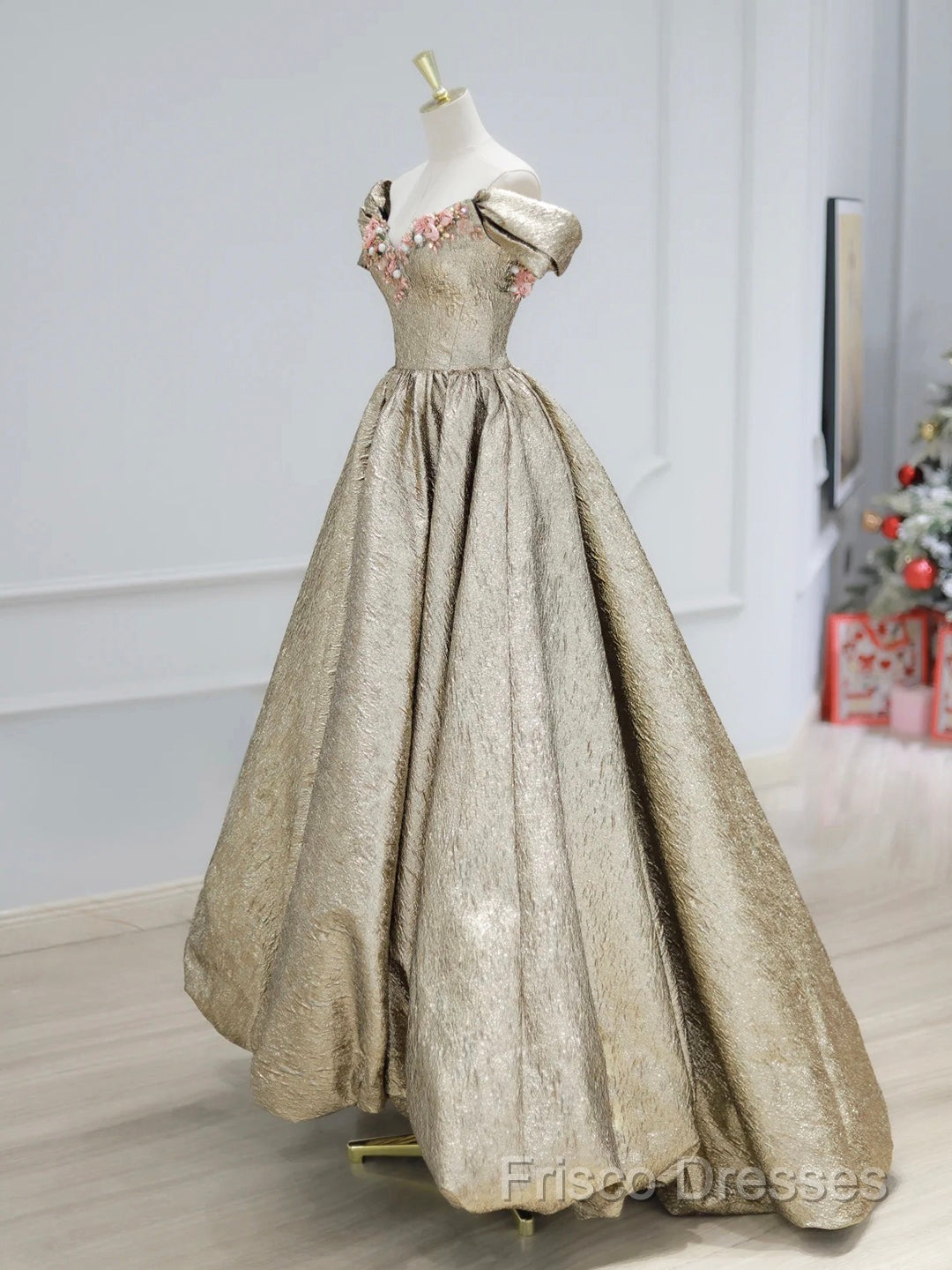 Gold Satin V-Neck Long Formal Prom Dress With Flowers, Off The Shoulder A-Line Formal Dress