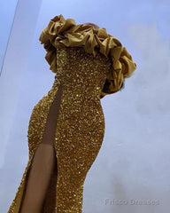 Gold Sequin Mermaid Strapless Split Prom Dresses