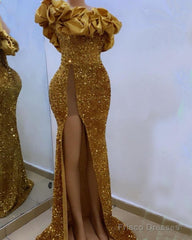 Gold Sequin Mermaid Strapless Split Prom Dresses
